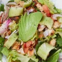 Asian Sesame Ginger Salad · Chicken or steak, tomatoes, cucumbers, red onions, sesame seeds, craisins, avocado smash and...