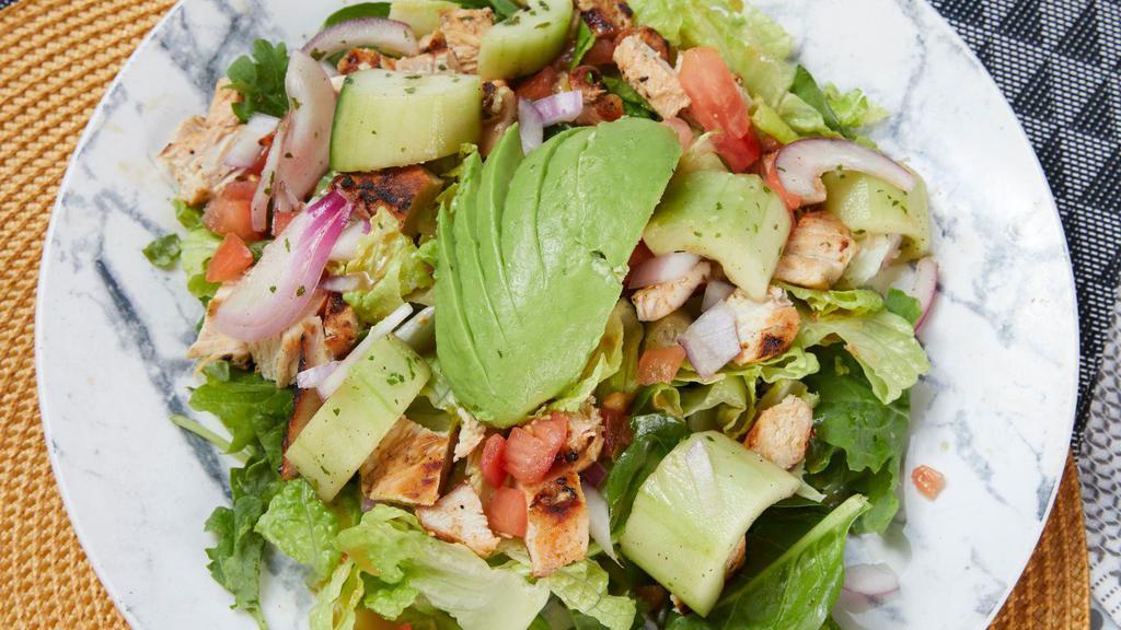 Asian Sesame Ginger Salad · Chicken or steak, tomatoes, cucumbers, red onions, sesame seeds, craisins, avocado smash and Asian sesame ginger dressing over mixed greens.