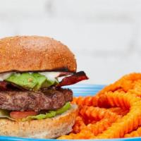 California Burger · Avocado, turkey bacon, reduced fat, mayo, lettuce, tomato and onion on a whole wheat bun. Gr...
