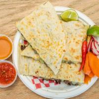 Quesadillas · Folded crisp flour tortilla, melted cheese, onions and cilantro and finished with guacamole....