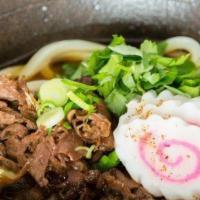 Beef Udon · Come with beef, Corn, edamame, Green onion, egg, crispy garlic and fried onion.