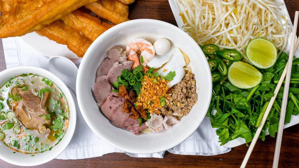 Egg Noodle Nam Vang (Soup) · Egg Noodle with Soup - Grounded Pork, Pork, Pork Heart, Pork Liver, Shrimp, Cuttlefish, and quail egg.
