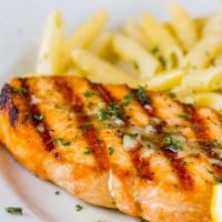 Salmone Alla Griglia · Fresh wild salmon grilled and topped with a light lemon and olive oil sauce, served with pen...