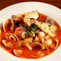 Zuppa di Pesce · Sautéed clams, small shrimp, calamari, scallops, and seasonal fish in a light tomato broth s...