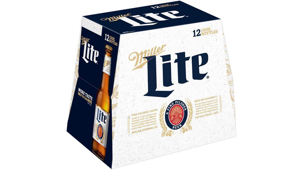 Miller Lite 12-Pack 12 Oz Bottles 4.2 % Abv · Miller Lite Beer is the original light lager beer. With a smooth, light and refreshing taste, this American-style pilsner beer has 4.2% ABV. Brewed for more taste, this light beer has a light to medium body with a hop-forward flavor, solid malt character, and a clean finish. This case of beer cans makes bringing along tasty drinks easy. Miller Lite is brewed with pure water for great taste; barley malt for flavor and golden color; and Galena and Saaz hops for aroma, flavor, and bitterness.