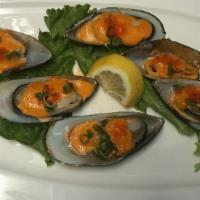 A8. Baked Mussels · 6 pcs baked mussels w/ house sauce.