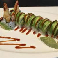 K5. Caterpillar Roll · Shrimp tempura, cucumber topped w/ avocado & unagi sauce.