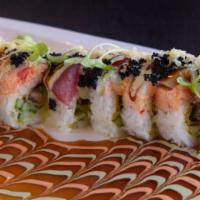 K31. Aji Ichi Roll · Spicy. Inside: unagi tempura, avocado & cucumber. Outside: lobster salad, tuna, walu, tobiko...