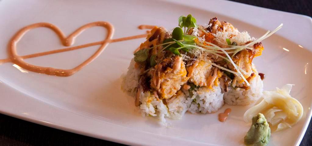 K2. Fall in Love Roll · Spicy scallop & avocado, topped w/ snow crab salad, dry tuna & tobiko, baked w/ spicy & unagi sauce.