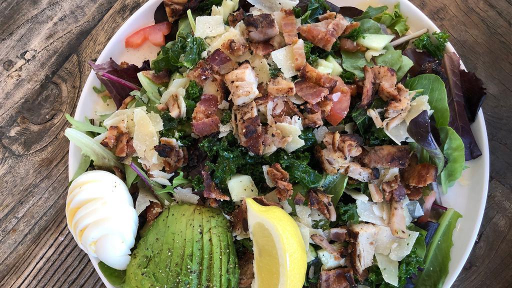 Rustic Chicken Salad · Grilled Rosemary Chicken, Bacon, Avocado, Cucumber, Tomato, Kale, Mixed Greens, Shaved Parmesan and Chopped Tomato.