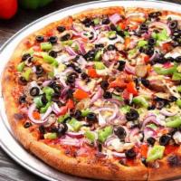 Combination Pizza (Combo) · Red sauce, fresh mushrooms, Roma tomatoes, sweet red onions, green bell peppers, black olive...