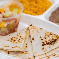 Kids Meat Quesadilla · A flour tortilla grilled with Monterey cheese choice of protein, rice, and beans on the side.
