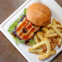 Hawaiian Burger · One half pound of beef, pineapple, teriyaki sauce, lettuce, chipotle aioli. Served with fries.