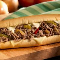 Steak Philly · Thinly sliced steak with provolone cheese, hot cherry peppers, caramelized onion and melted ...