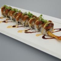 R - Dragon · In: shrimp tempura, cucumber, crab
Out: spicy tuna, green onion, sweet sauce, spicy mayo