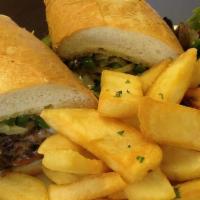 Philly Steak Sandwich · Thin sliced steak, grilled onion, bell pepper and Jack cheese.