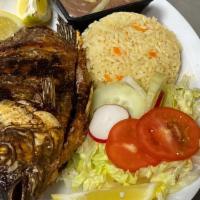 Mojarra Frita/ Whole Fried Fish  · Whole fried fish, served with rice, beans and handmade tortillas.
