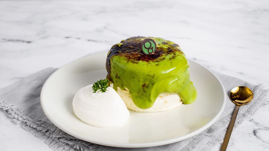 Premium Matcha Creme Brulee · Takes 30mins! Custard matcha cream with caramelized sugar topped with our signature 2-stacks of Premium Pancakes.