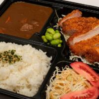 Tonkatsu Curry Bento · Fried pork cutlet. Served with housemade curry, edamame, and Japanese-style salad.