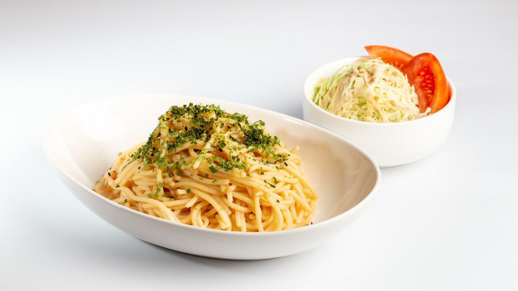 Mentaiko Spaghetti · Creamy Spicy Cod Roe, Tabiko, Pasta, Japanese Salad.