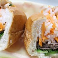 Grilled Beef - Banh Mi Bo Nuong · Sweet and savory grilled beef  on a fresh French Baguette! With Vietnamese mayo,  jalapenos,...
