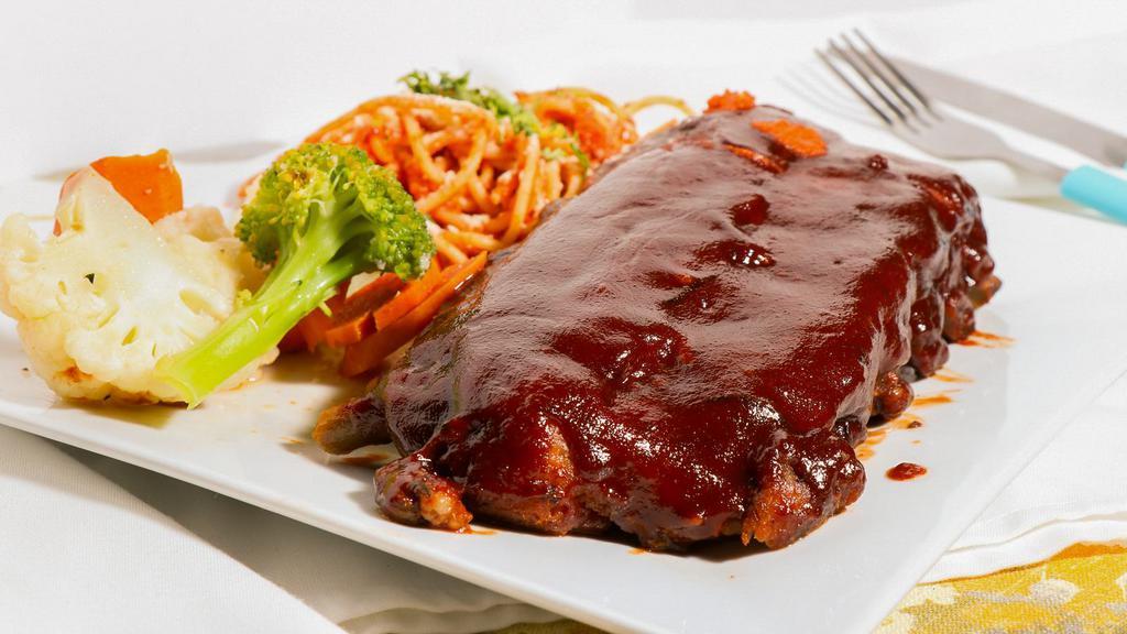 BBQ Baby Back Ribs (1 lb) · One pound bbq ribs served with your choice of garlic mashed potato or spaghetti fresh veggies and a dinner roll.