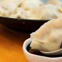 J5. Vegetarian Dumplings (8 pcs) · Baby bai choy, mushroom and tofu meat.