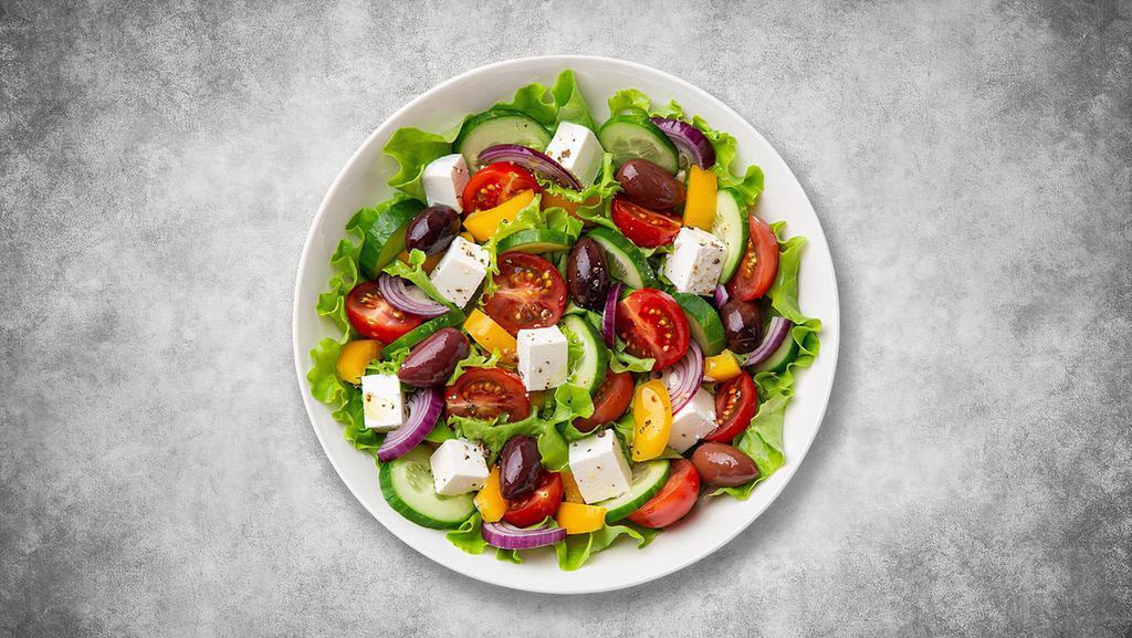 Gusto Greek Salad · Classic greek salad with fresh romaine lettuce, feta cheese, cucumber, tomatoes and olives.