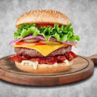 The Big Animal Cheeseburger · Hamburger patty loaded with cheddar& swiss cheese & 3 strips crispy bacon