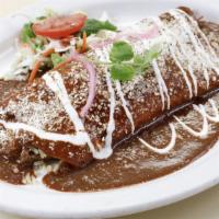 Joe Strummer · Flour tortilla filled with black beans, pork, plantains, rice & covered in mole sauce. Sprin...
