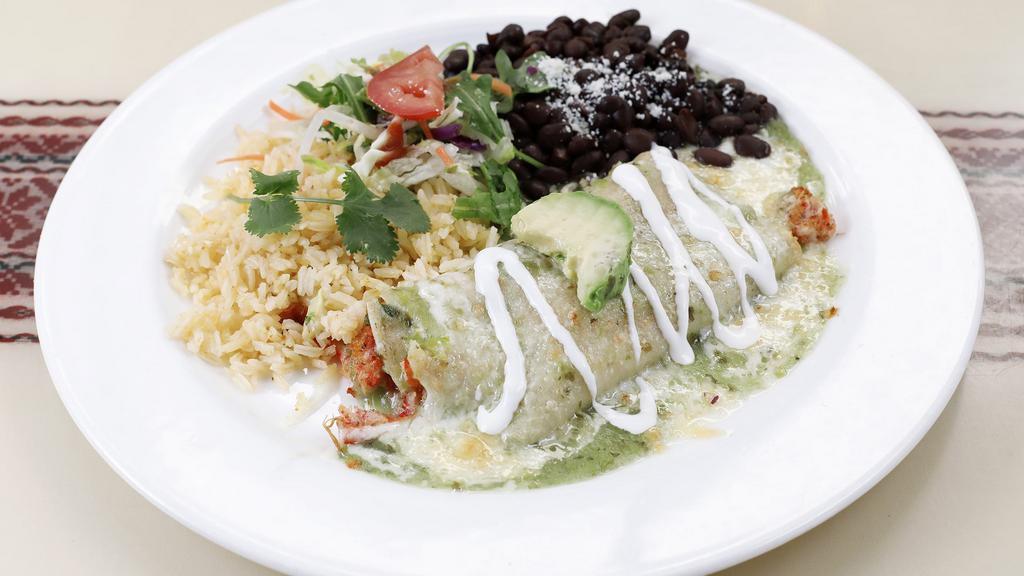 Enchilada Verde with Crab · Corn tortilla stuffed with crab, green sauce melted cheese & sour cream - with rice & salad.