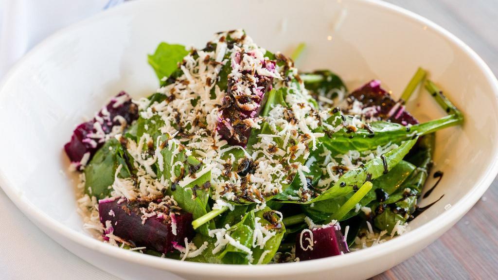 Insalata di Barbabietole · Gluten-free, vegetarian. Toasted almonds, dry cranberries roasted beets with baby spinach, salted Ricotta and extra virgin olive oil.