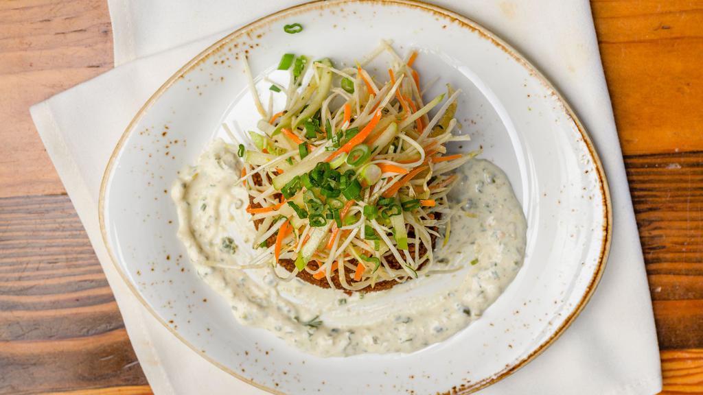 Crab Cake · Celery root apple slaw and rémoulade.
