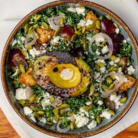 Kale & Avocado Salad · Aged feta, grapes, pickled onions, 1/2 avocado, brown butter croutons, toasted nuts and gree...