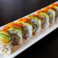 Caterpillar Roll · Eel and cucumber topped tobiko and avocado with eel sauce.