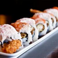 Mix-Up Roll · Shrimp tempura, cucumber and topped spicy tuna with soft shell crab avocado topped crab sala...