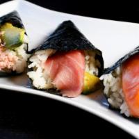 Spicy Salmon Hand Roll · With cucumber.