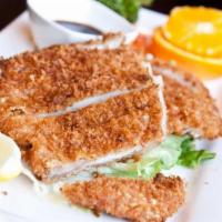 Chicken Katsu · Deep fried chicken cutlet and served with soup, salad and rice.