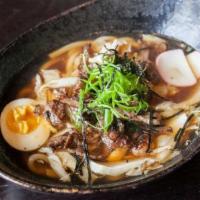 Beef Udon · Satay beef, vegetables and noodle in homemade broth.