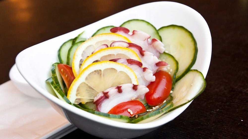 Sunomono · Choices of prawns or mackerel with cucumber in vinegar dressing.