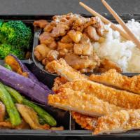 Japanese Fried Chicken Chop Rice Plate 日式酥炸鸡排便当 · Fried Chicken Chop, two dishes up to your own choice, broccoli and a braised egg, and minced...
