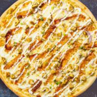 By The Barn Ranch Pizza  · Buttermilk sauce, mozzarella cheese, bacon baked chicken breast, tomatoes, red onions baked ...