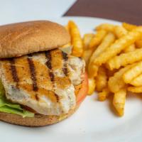Grilled Chicken Sandwich · Four ounces grilled chicken breast stacked with our house sauce, bbq sauce, lettuce, and tom...