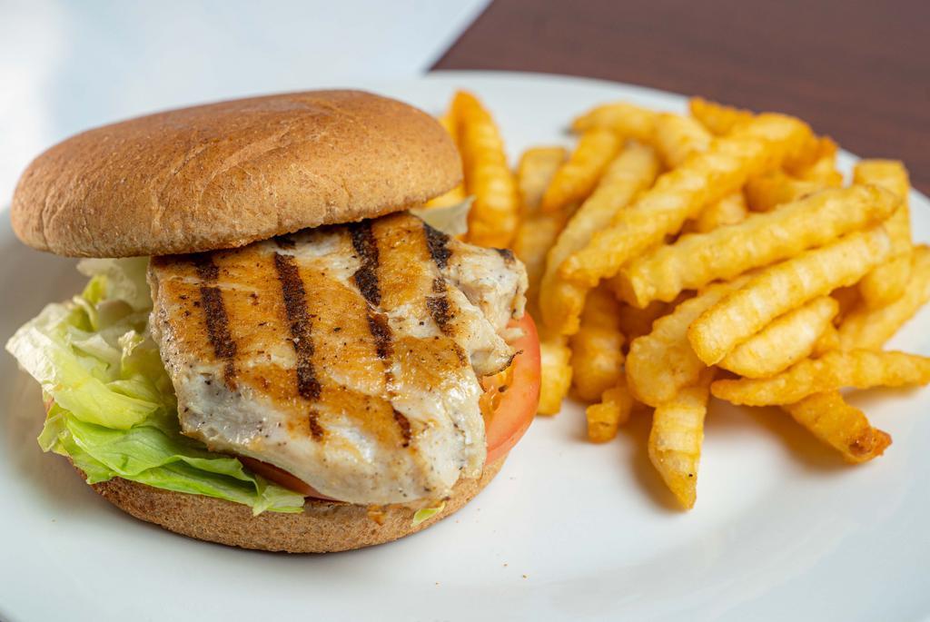 Grilled Chicken Sandwich · Four ounces grilled chicken breast stacked with our house sauce, bbq sauce, lettuce, and tomato.