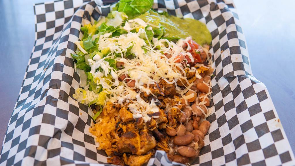 Bowls · Rice, Pico de Gallo, Lettuce, guacamole and choice of beans, choice of meat