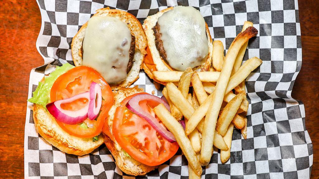 House Sliders · With cheese, pickled peppers, and chipotle aioli.