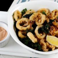 Fried Calamari · Crispy kale, lemon, chipotle aioli.