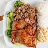 Kalua Combo · Kalua pork with a choice of BBQ Chicken, Chicken Katsu or Teriyaki Chicken.