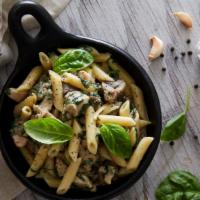 Alfredo Pasta · Creamy, garlicky alfredo, tossed with mushrooms and spinach.