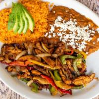 Fajitas de Pollo and Res Plato · Served with rice, beans, and tortillas. Beef or Chicken grilled with bell peppers and onions.
